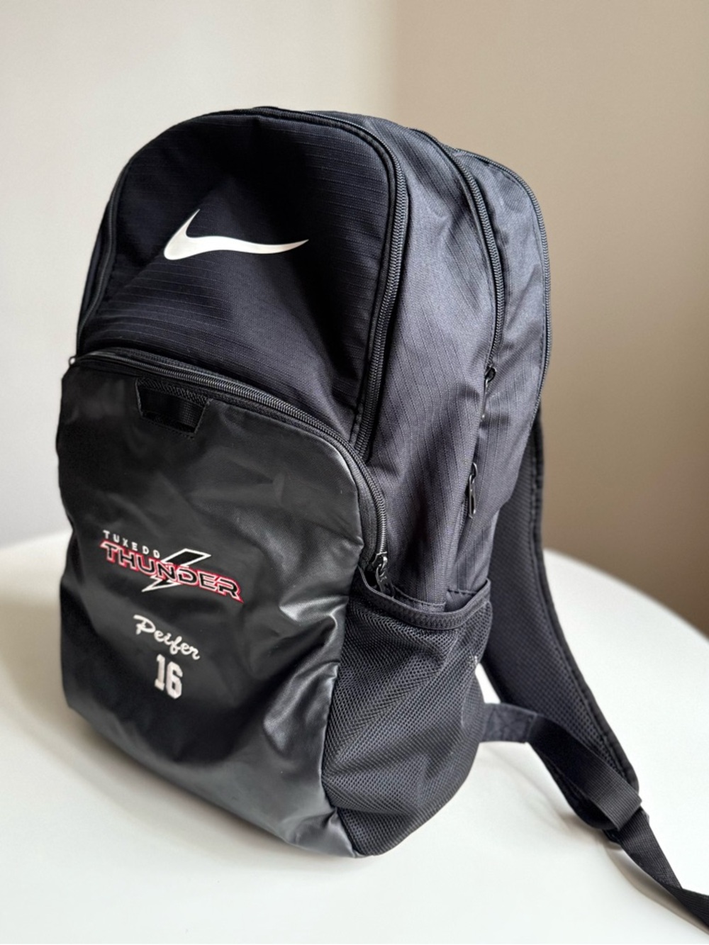Nike Backpack Tuxedo Thunder Peifer 16 Swoosh Size 18" Black Padded Back Panel